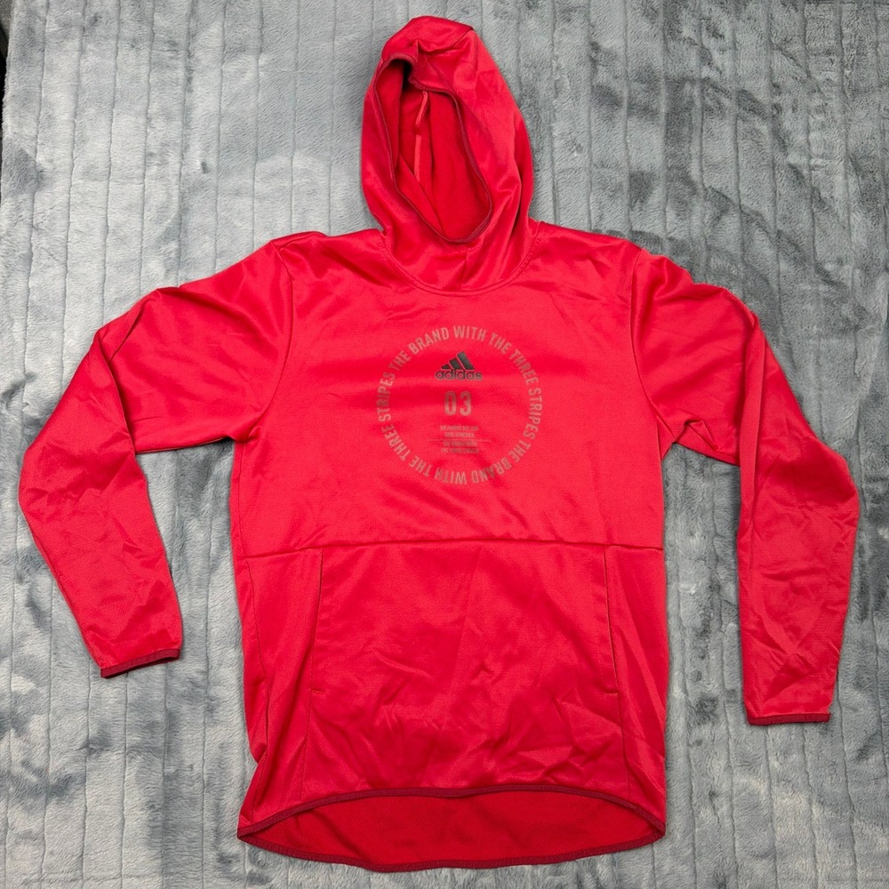 Adidas Climawarm Hoodie Mens Medium Red Three Stripe Graphic Pullover Sweatshirt